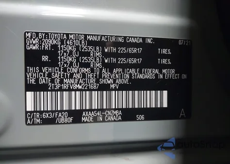 2021 Toyota Rav4 Xle из США, поврежденный, VIN 2T3P1RFV8MW221687